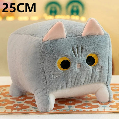 25cm Square Cat Plush Toy – Cute Kawaii Black Kitten Soft Fluffy Cube Pillow Cushion