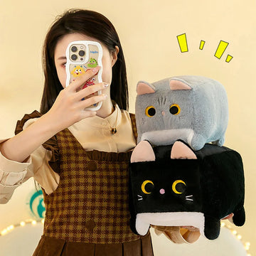 25cm Square Cat Plush Toy – Cute Kawaii Black Kitten Soft Fluffy Cube Pillow Cushion