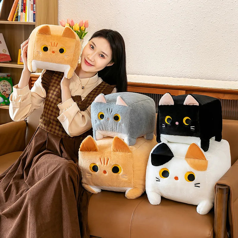 25cm Square Cat Plush Toy – Cute Kawaii Black Kitten Soft Fluffy Cube Pillow Cushion