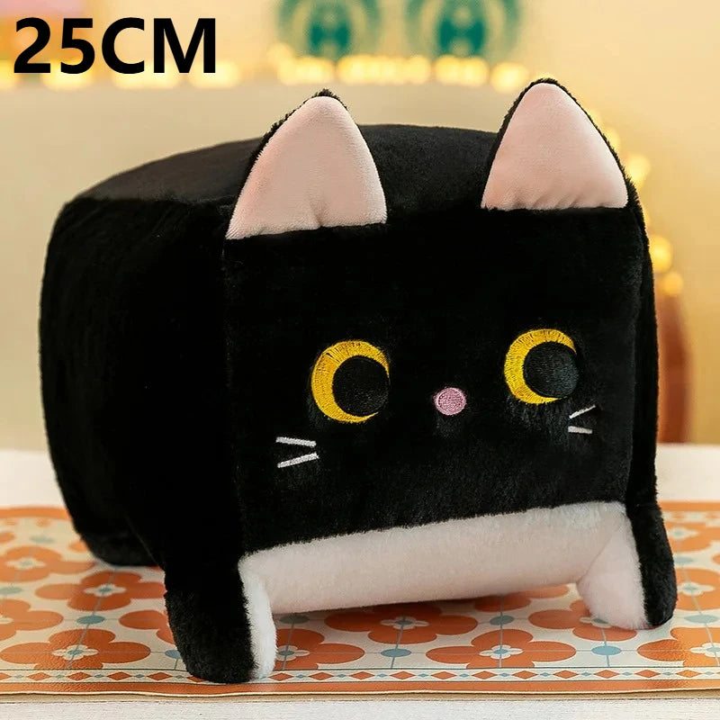 25cm Square Cat Plush Toy – Cute Kawaii Black Kitten Soft Fluffy Cube Pillow Cushion