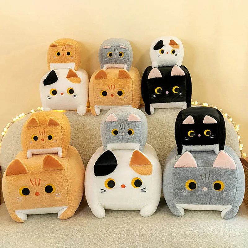 25cm Square Cat Plush Toy – Cute Kawaii Black Kitten Soft Fluffy Cube Pillow Cushion