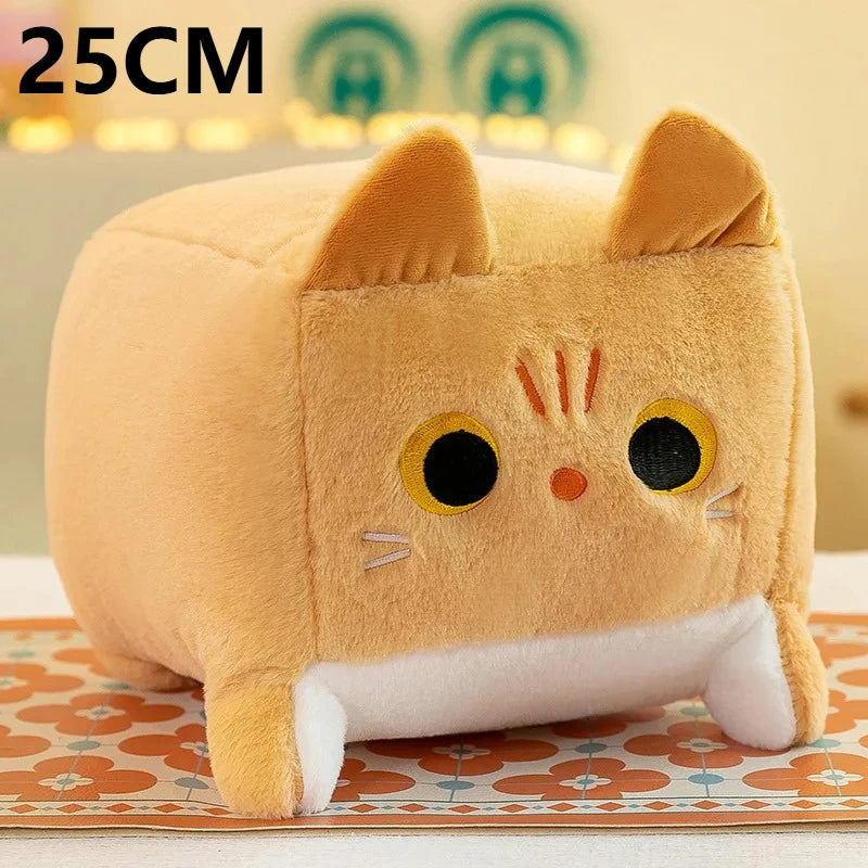 25cm Square Cat Plush Toy – Cute Kawaii Black Kitten Soft Fluffy Cube Pillow Cushion